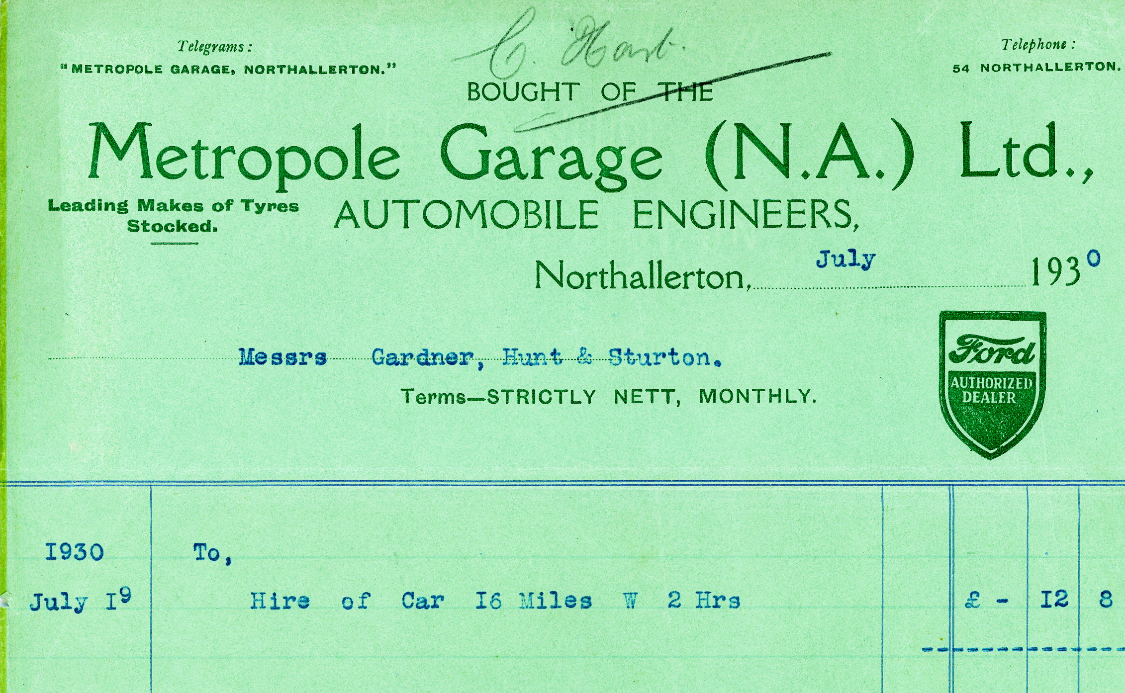 Colin Narramores bill header for Kellett & Picks Metropole garage behind Durham House in Northallerton. It is dated July 1930, and another local company had hired a car for two hours in which they had driven 16 miles. It had cost them 12s 8d