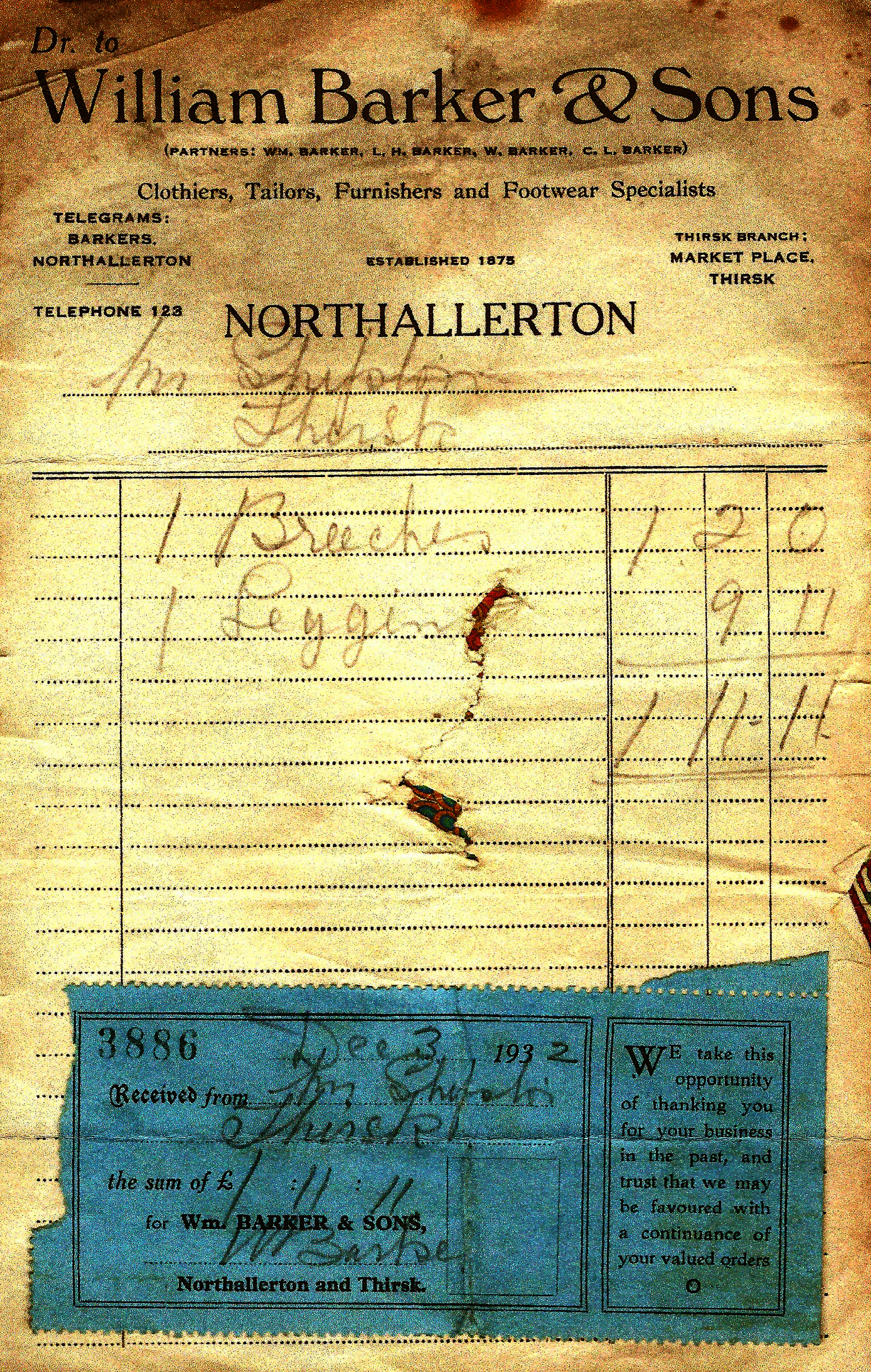 A 1932 invoice from William Barker & Sons, showing William and his three sons as the partners. Mr Shipton of Thirsk has bought some breeches and leggings