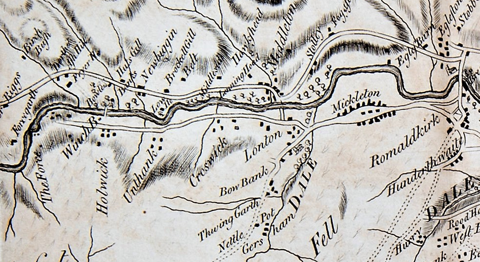 An excerpt of the fold-out map from Garlands Tour of Teesdale, from Eggleston and Romaldkirk on the right, past Middleton and the Winch Bridge up to The Force, or High Force, on the left